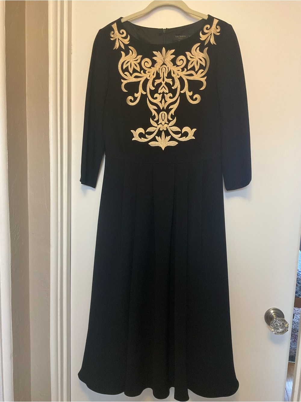 Ted Baker Black Midi Dress with Gold Embroidered Front (Ted Baker size 3 = US 8)